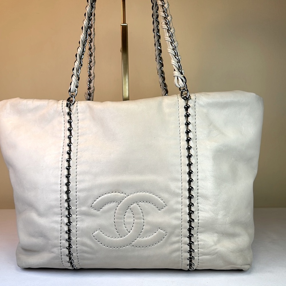 CHANEL Cream Tote with Chain Detail